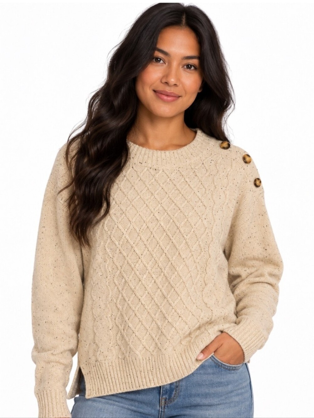 Frye Speckled Cream Cable Knit Oversized Button-Shoulder Sweater